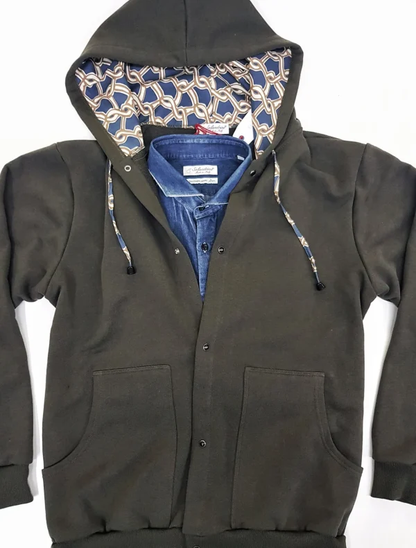 Felpa cardigan Verdone militare con Cappuccio tessuto design made in Italy Fantasia 100% cotone  Unisex Sweatshirt blue Hoodie