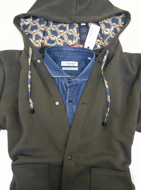 Felpa cardigan Verdone militare con Cappuccio tessuto design made in Italy Fantasia 100% cotone  Unisex Sweatshirt blue Hoodie