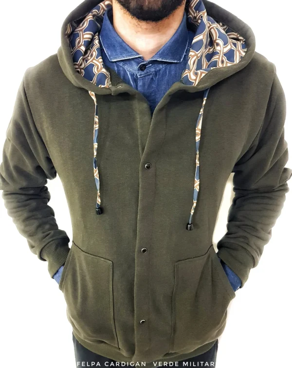 Felpa cardigan Verdone militare con Cappuccio tessuto design made in Italy Fantasia 100% cotone  Unisex Sweatshirt blue Hoodie