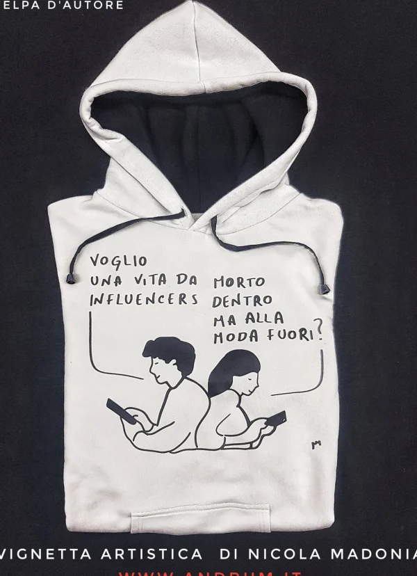 Felpa d'autore Nicola Madonia vignetta artistica influencer con Cappuccio Design made in Italy Fantasia  100% cotone - Sweatshirt hoodie
