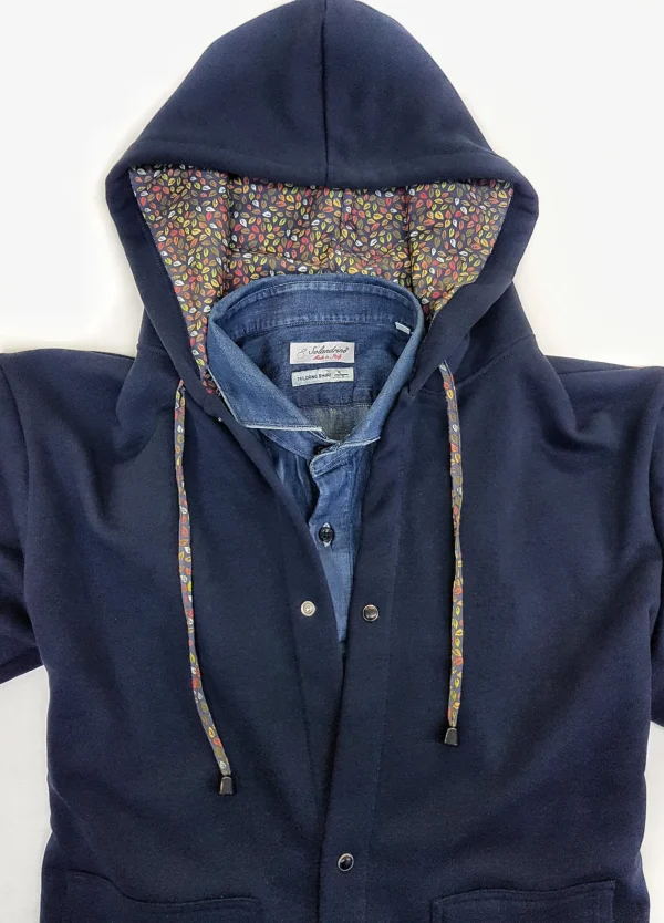 Felpa Donna cardigan Blu con Cappuccio unisex design micro fantasia foliage made in Italy Fantasia 100% cotone  Unisex Sweatshirt blue Hoodie