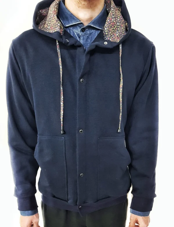 Felpa Donna cardigan Blu con Cappuccio unisex design micro fantasia foliage made in Italy Fantasia 100% cotone  Unisex Sweatshirt blue Hoodie