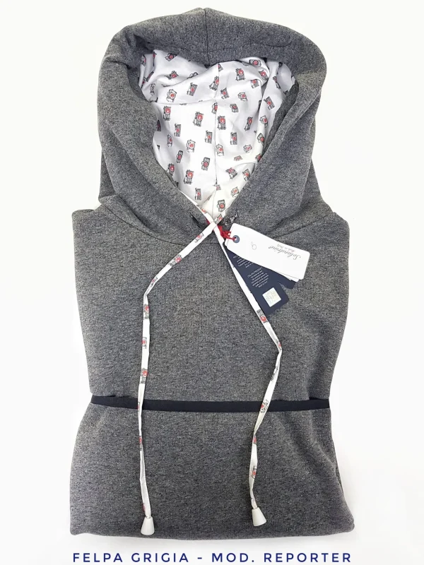 Felpa Grigia con Cappuccio Design REPORTER made in Italy Fantasia  100% cotone -  Unisex Sweatshirt grey Hoodie