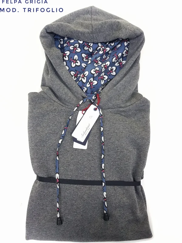 Felpa Grigia con Cappuccio Design trifoglio  made in Italy Fantasia  100% cotone -UNISEX Sweatshirt grey hoodie