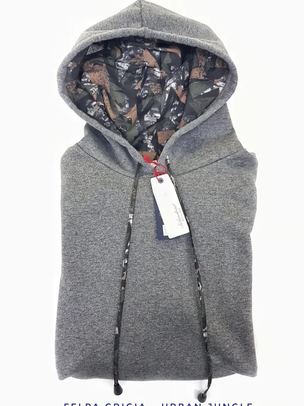 Felpa Grigia con Cappuccio design Urban Jungle made in Italy Fantasia 100% cotone  Unisex Sweatshirt Grey Hoodie