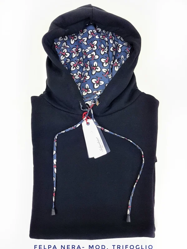 Felpa Nera con Cappuccio design trifoglio  made in Italy Fantasia 100% cotone  Unisex Sweatshirt black Hoodie