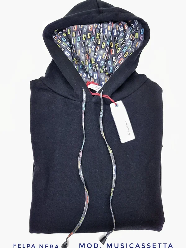 Felpa Nera con Cappuccio Design musicassetta 80's made in Italy Fantasia  100% cotone -  UNISEX Sweatshirt hoodie black