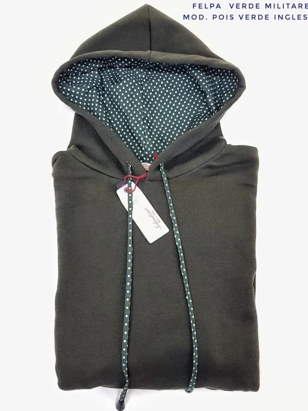 Felpa Verdone con Cappuccio Design Pois verde inglese made in Italy Fantasia 100% cotone - Unisex Sweatshirt Dark Green Hoodie
