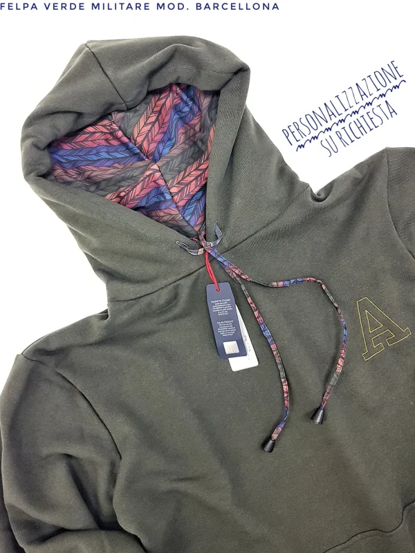 Felpa Verdone militare con Cappuccio Design Barcellona made in Italy Fantasia 100% cotone -  Unisex Sweatshirt dark green  Hoodie