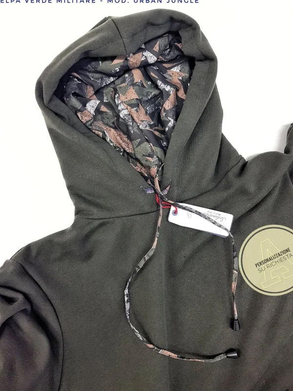 Felpa Verdone militare con Cappuccio Design Urban Jungle made in Italy Fantasia 100% cotone -  Unisex Sweatshirt dark green  Hoodie