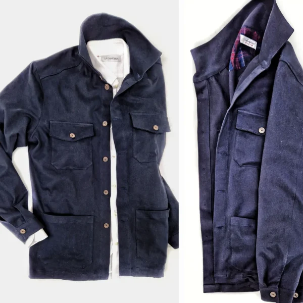 Giacca Overshirt Sahariana Safari Gabardina blu inserto scozzese 4 tasche 98% cotone 2%elastane  Made in italy