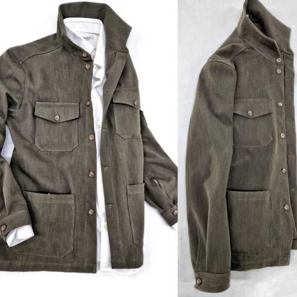Giacca Overshirt Sahariana Safari kaki brown militare  4 tasche gabardina 100% cotone Made in italy