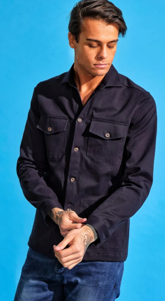 Giacca Overshirt Sahariana Safari Gabardina blu 4 tasche 98% cotone 2%elastane Made in italy