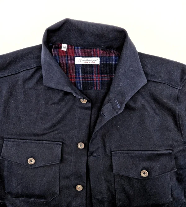 Giacca Overshirt Sahariana Safari Gabardina blu inserto scozzese 4 tasche 98% cotone 2%elastane  Made in italy