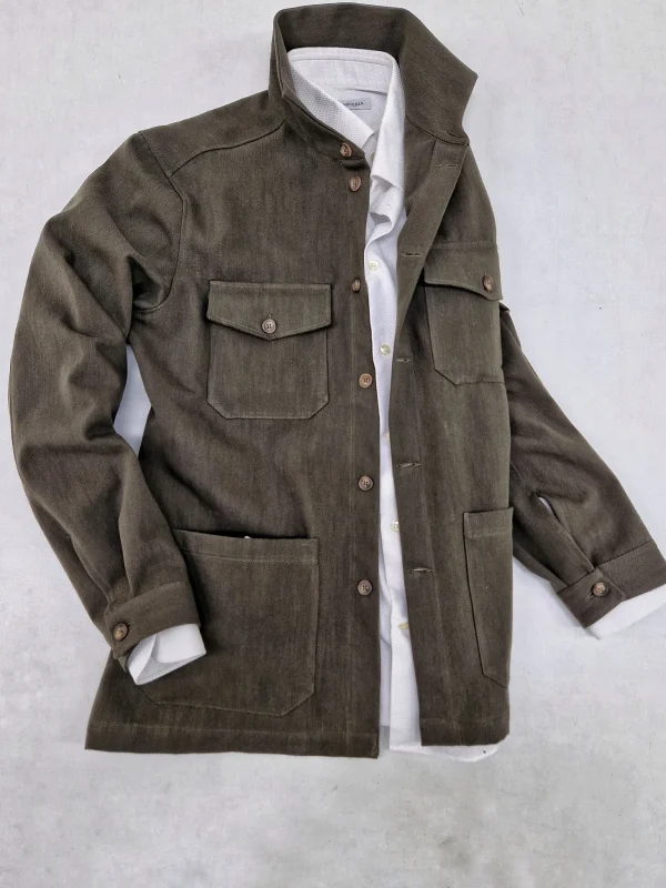 Giacca Overshirt Sahariana Safari kaki brown militare  4 tasche gabardina 100% cotone Made in italy