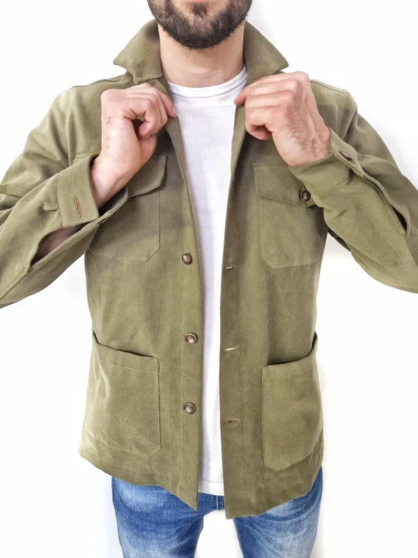 Giacca Overshirt  Sahariana Safari verdone militare 4 tasche gabardina 100% cotone Made in italy
