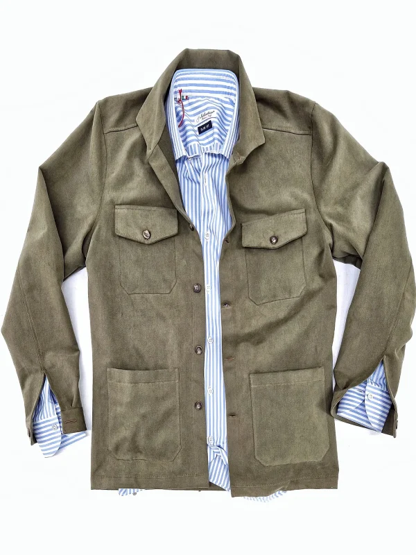 Giacca Overshirt  Sahariana Safari verdone militare 4 tasche gabardina 100% cotone Made in italy