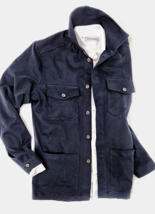 Giacca Overshirt Sahariana Safari Gabardina blu inserto scozzese 4 tasche 98% cotone 2%elastane  Made in italy