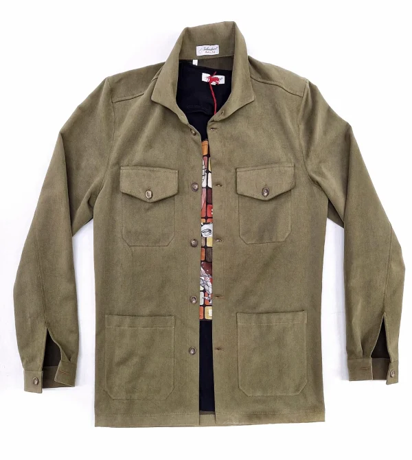 Giacca Overshirt  Sahariana Safari verdone militare 4 tasche gabardina 100% cotone Made in italy