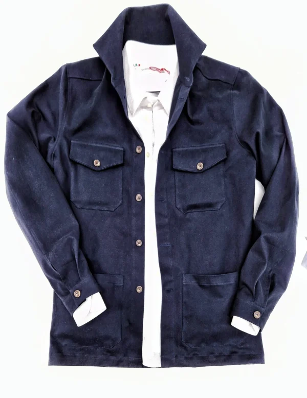 Giacca Overshirt Sahariana Safari Gabardina blu inserto scozzese 4 tasche 98% cotone 2%elastane  Made in italy
