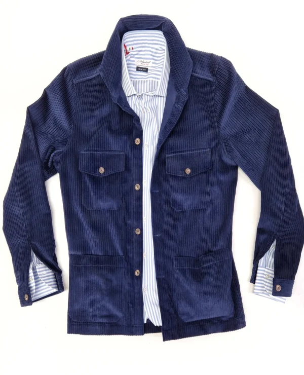 Giacca Sahariana Overshirt Safari blu corduroy velluto  4 tasche gabardina 100% cotone Made in italy
