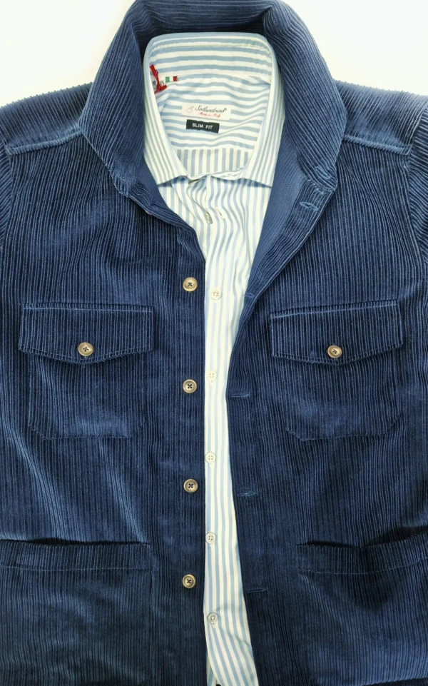 Giacca Sahariana Overshirt Safari blu corduroy velluto  4 tasche gabardina 100% cotone Made in italy