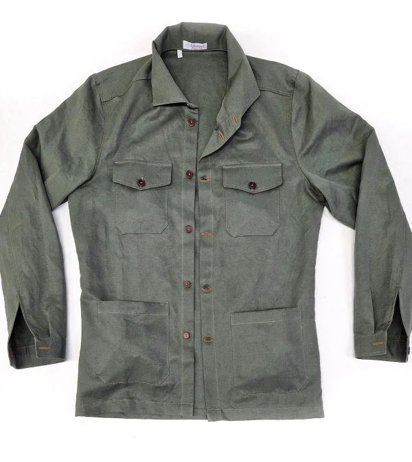 Giacca Sahariana Overshirt Safari verdone oliva  4 tasche gabardina 100% cotone Made in italy