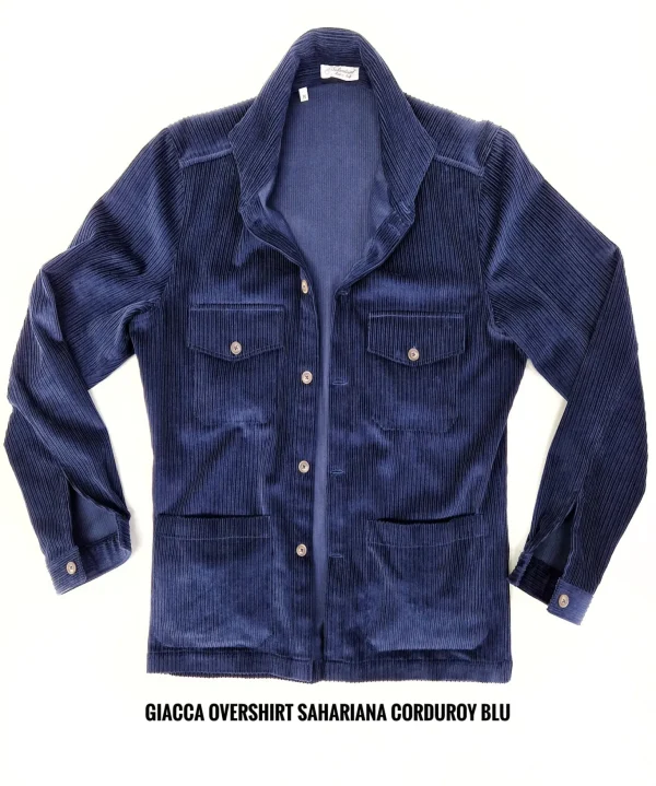 Giacca Sahariana Overshirt Safari blu corduroy velluto  4 tasche gabardina 100% cotone Made in italy