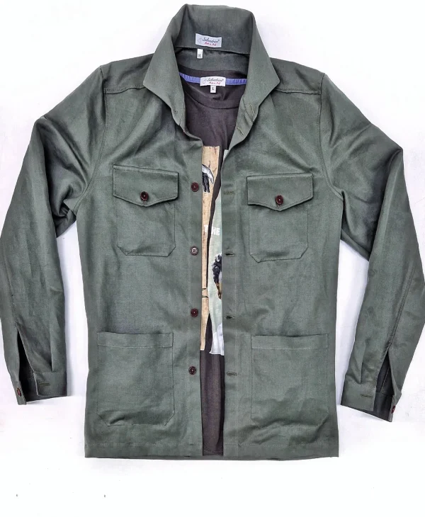 Giacca Sahariana Overshirt Safari verdone oliva  4 tasche gabardina 100% cotone Made in italy