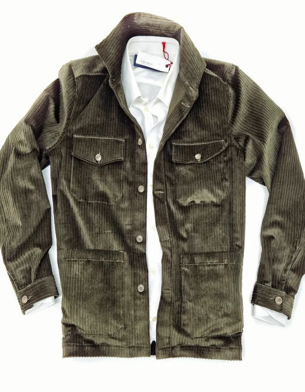Giacca Sahariana verdone scuro kaki militare 4 tasche Overshirt Safari 100% cotone Made in italy