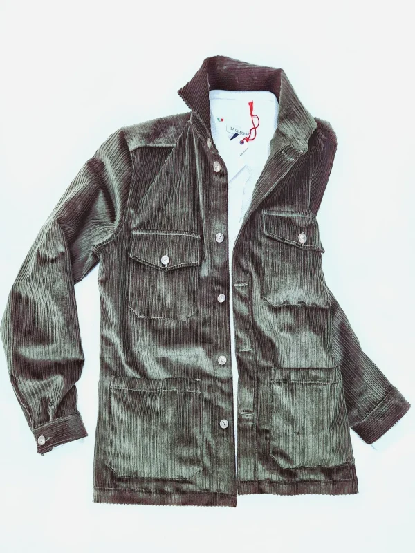 Giacca Sahariana verdone scuro kaki militare 4 tasche Overshirt Safari 100% cotone Made in italy