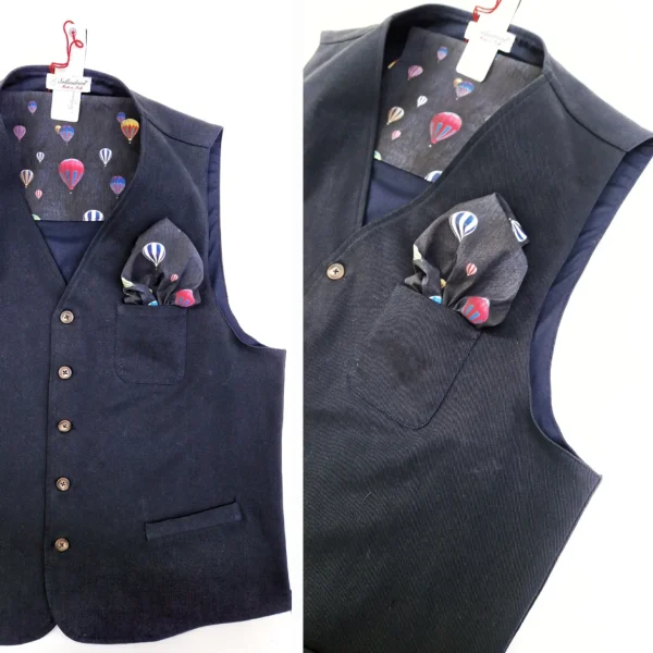 Gilet Panciotto Blu Navy gabardina 100% Cotone con inserto e pochet mongolfiera  floreale Made in Italy