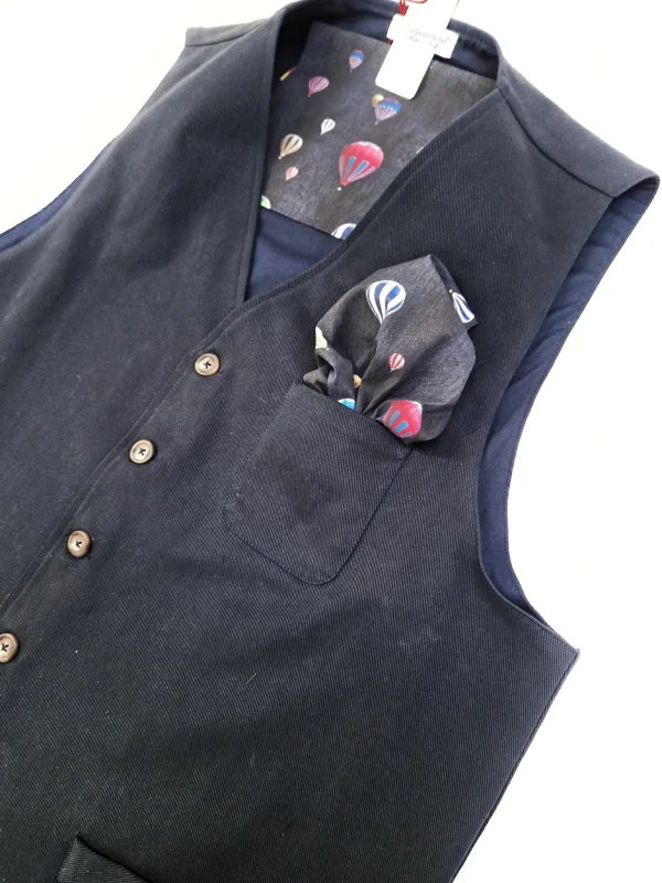 Gilet Panciotto Blu Navy gabardina 100% Cotone con inserto e pochet mongolfiera  floreale Made in Italy