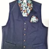 Gilet Panciotto blue gabardina 100% Cotone con inserto e pochet fantasia floreale Made in Italy