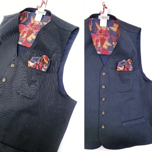 Gilet Panciotto blue gabardina 100% Cotone con inserto e pochet fantasia Made in Italy