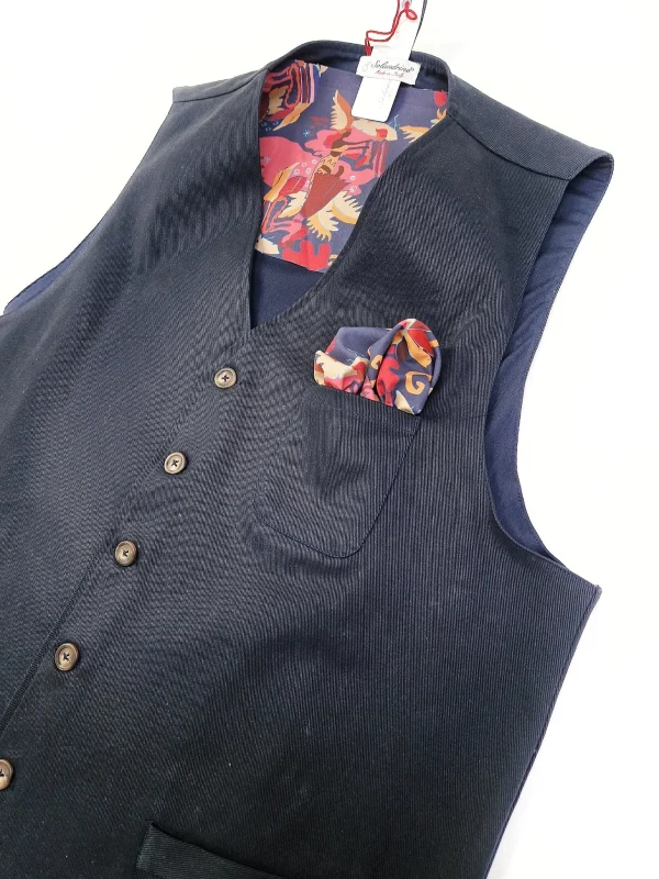 Gilet Panciotto blue gabardina 100% Cotone con inserto e pochet fantasia Made in Italy