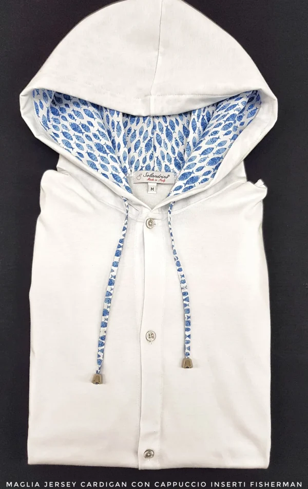 Maglia cardigan jersey Bianca con Cappuccio Design fisherman  made in Italy Fantasia  100% cotone - Sweatshirt hoodie