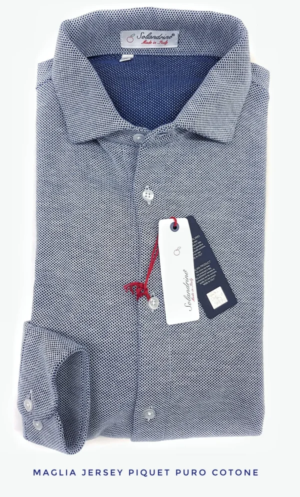 Polo Camicia azzurra piquet Jersey in maglia morbida manica lunga alta qualità puro cotone  made in italy knit Jersey piquet