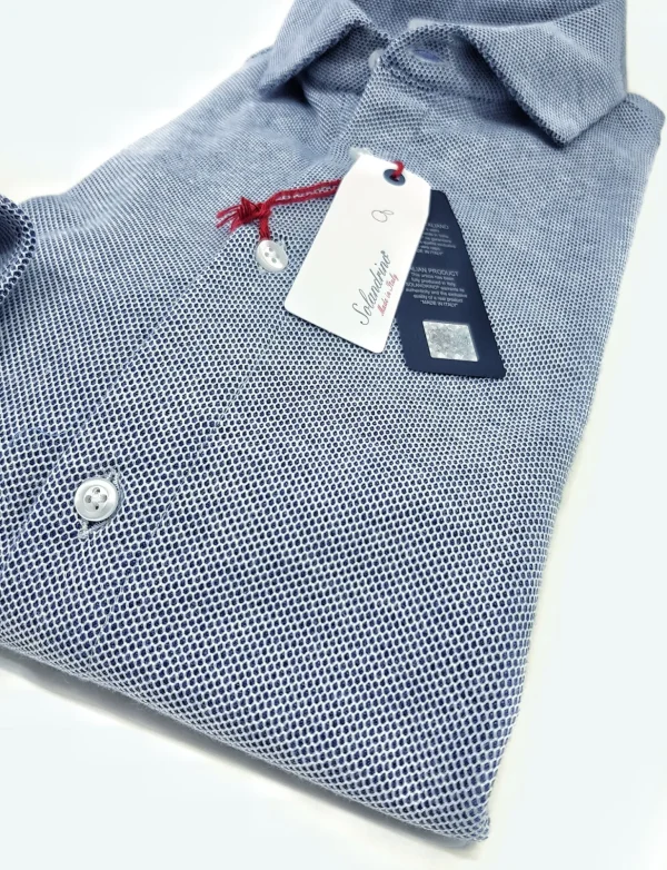Polo Camicia azzurra piquet Jersey in maglia morbida manica lunga alta qualità puro cotone  made in italy knit Jersey piquet
