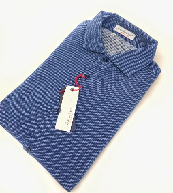 Polo Camicia blu piquet Jersey in maglia morbida alta qualità puro cotone  made in italy knit Jersey piquet