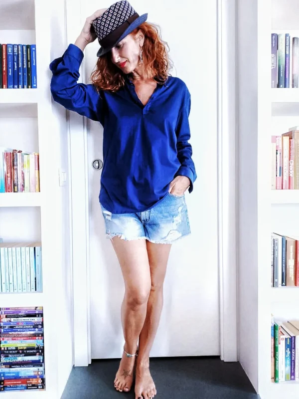 Polo Camicia Donna blu puro cotone maglia Jersey made in italy navy blue woman polo shirt