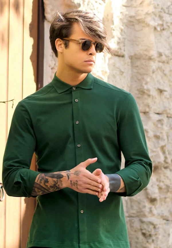 Polo Camicia piquet Verdone verde inglese Jersey in maglia morbida manica lunga alta qualità puro cotone  made in italy knit Jersey piquet