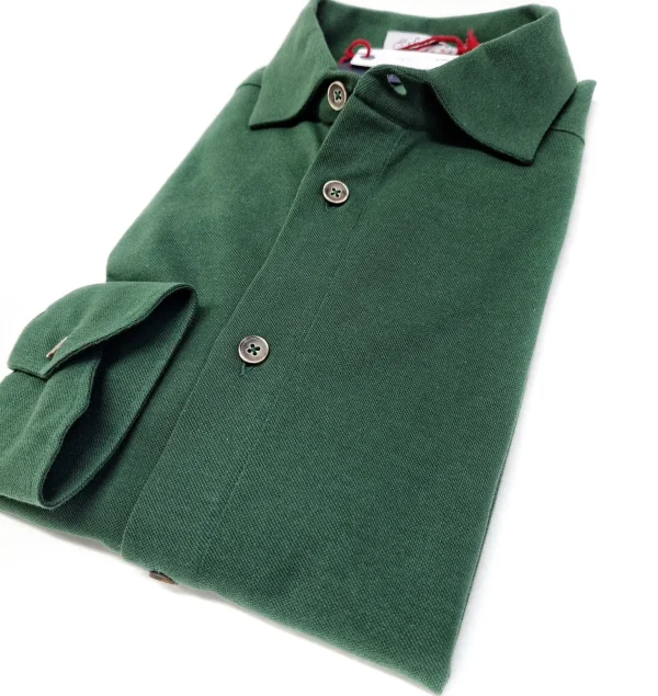 Polo Camicia piquet Verdone verde inglese Jersey in maglia morbida manica lunga alta qualità puro cotone  made in italy knit Jersey piquet