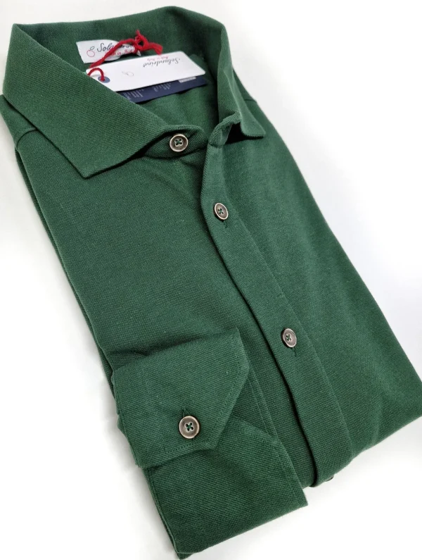 Polo Camicia piquet Verdone verde inglese Jersey in maglia morbida manica lunga alta qualità puro cotone  made in italy knit Jersey piquet