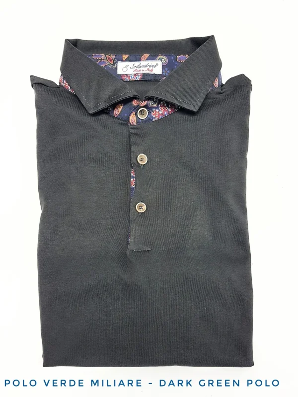 Polo verde militare 100% cotone jersey con inserti fantasia paisley made in Italy manica corta  - DARK GREEN POLO
