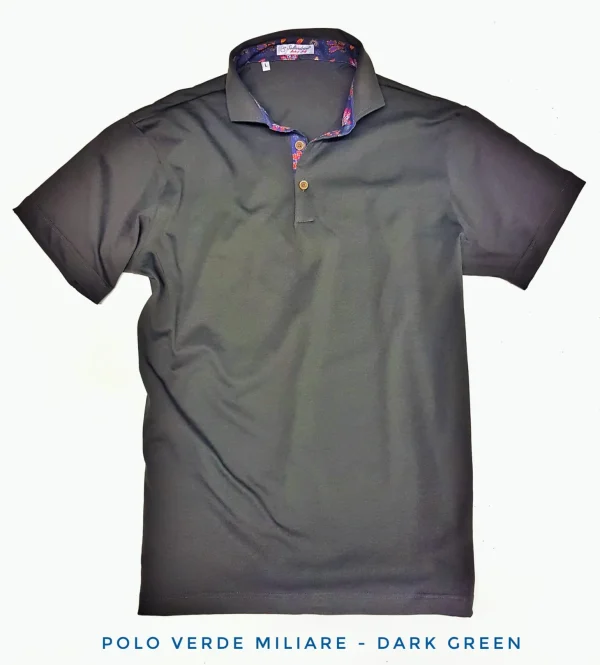 Polo verde militare 100% cotone jersey con inserti fantasia paisley made in Italy manica corta  - DARK GREEN POLO