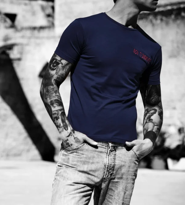 Tshirt blu con logo ricamato Non Ti Disunire -ricamo non ti disunire rosso - made in italy