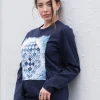 T-shirt DONNA blu manica Lunga made in Italy Fantasia Cube 100% cotone jersey pettinato design cube