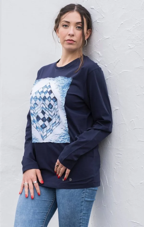 T-shirt DONNA blu manica Lunga made in Italy Fantasia Cube 100% cotone jersey pettinato design cube