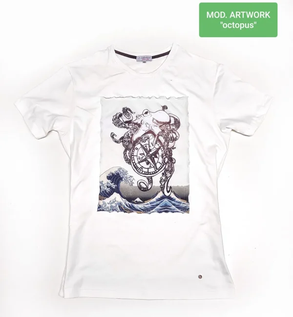 T-shirt donna made in Italy fantasia OCTOPUS  100% cotone jersey pettinato -DESIGN OCTOPUS-